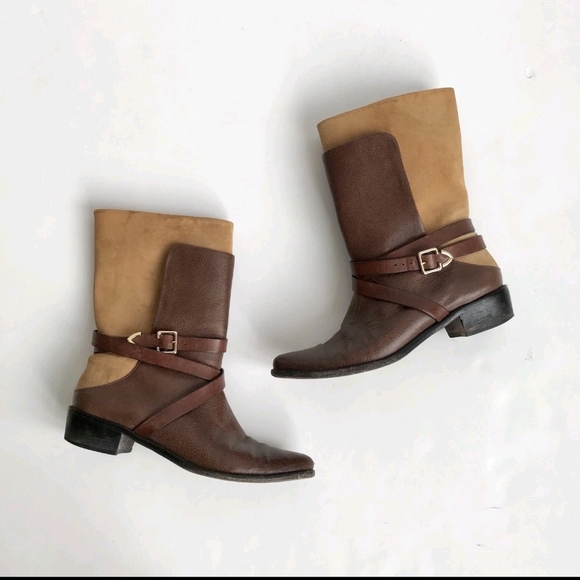 REBECCA MINKOFF BOOTS - Ankle Womens Tan/Brown Leather/Suede Mix Boots 8M - Picture 1 of 9